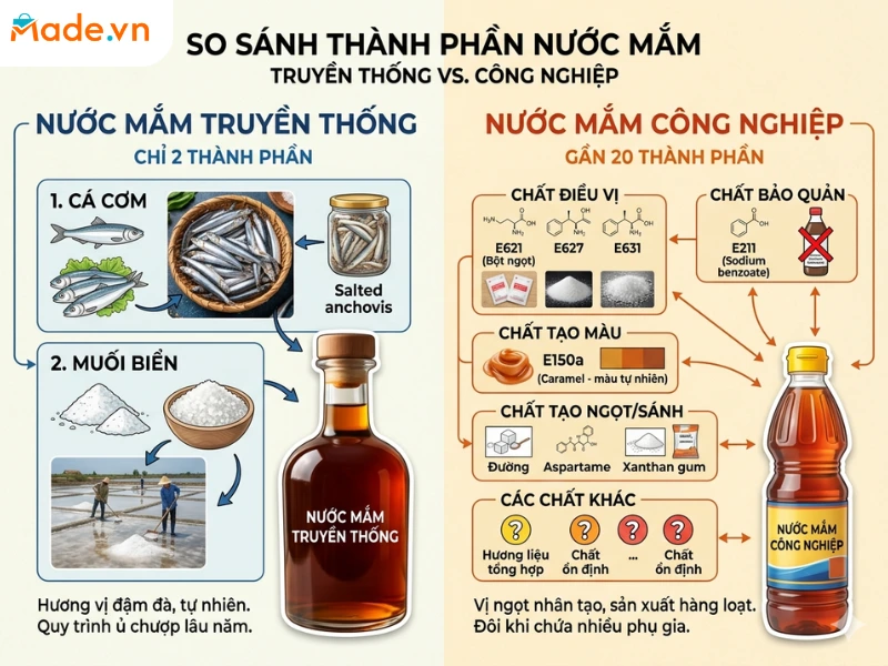 Bảng so sánh thành phần nước mắm công nghiệp với nước mắm truyền thống
