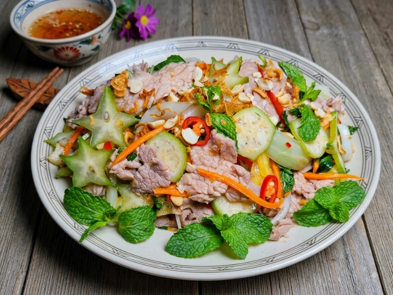 Bò bóp thấu với chuối chát và khế ngon nhất khi ăn cùng với bánh phồng tôm giòn rụm