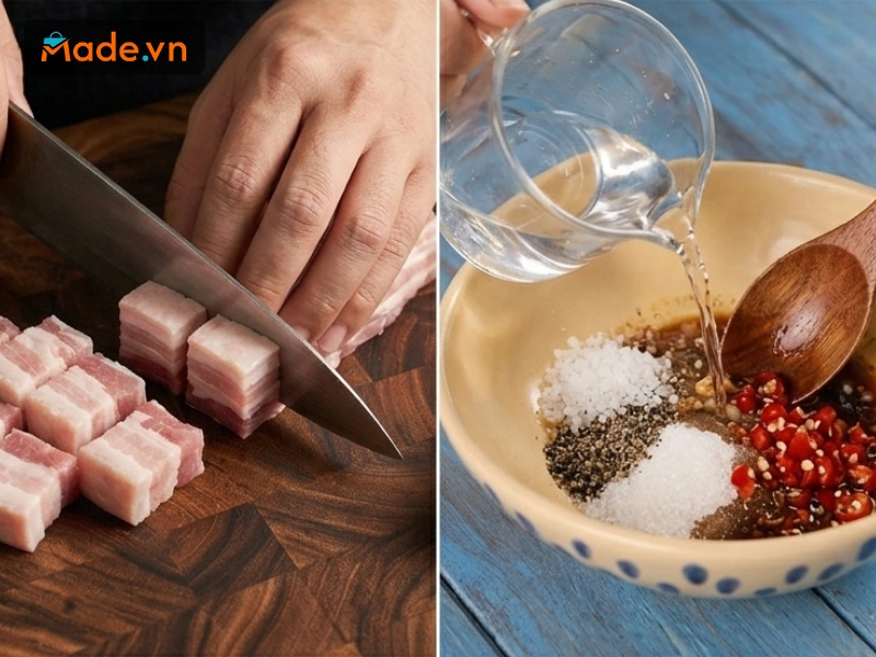 Bước chuẩn bị bao gồm thái thịt và pha nước sốt