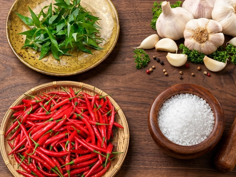 Các nguyên liệu để làm muối chấm hải sản rau răm