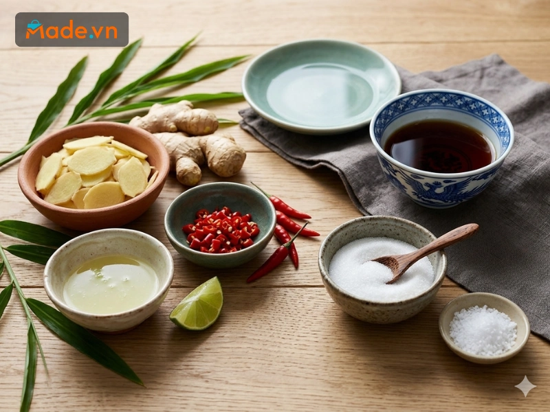 Các nguyên liệu để làm nước mắm gừng