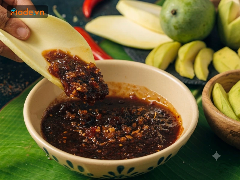 Mắm ruốc cay ngọt, đậm vị chấm cùng với xoài cực cuốn