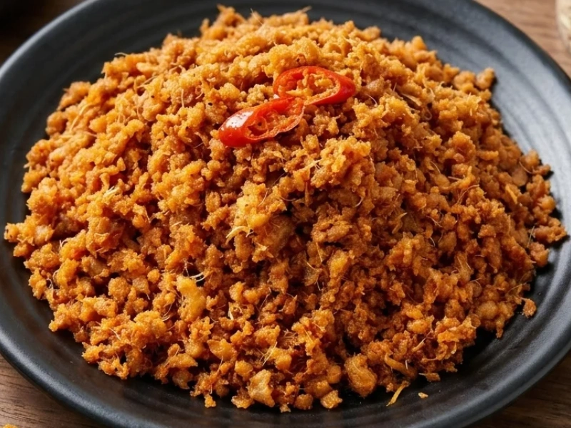 Món thịt chưng mắm tép thành phẩm có màu nâu đỏ óng ả, hạt thịt săn giòn rụm