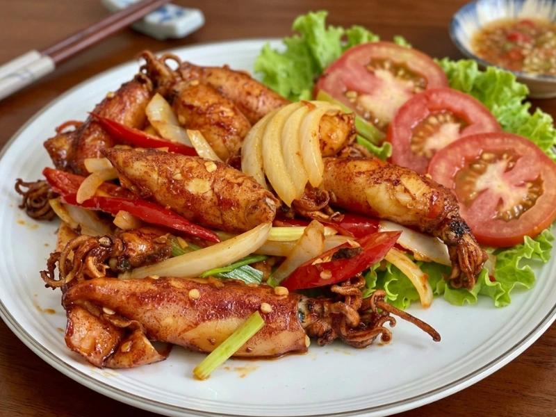 Thân mực căng tròn có màu vàng cánh gián óng ánh, vị mặn ngọt đậm đà vừa vặn