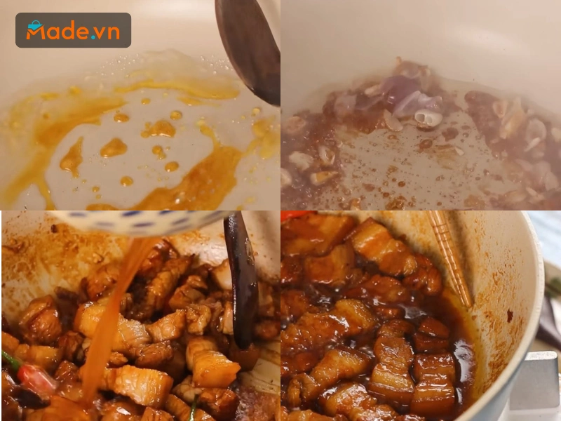 Thắng nước màu, sau đó cho hành vào phi thơm. Tiếp theo là cho thịt vào đảo săn và cho nước sốt vào để hoàn thiện