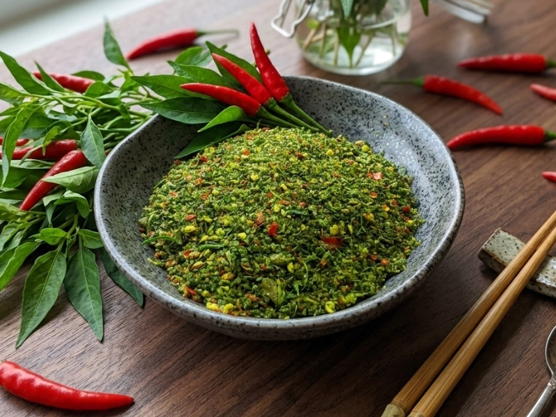 Thành phẩm là bát muối chấm hải sản rau răm sau khi trải qua các bước làm