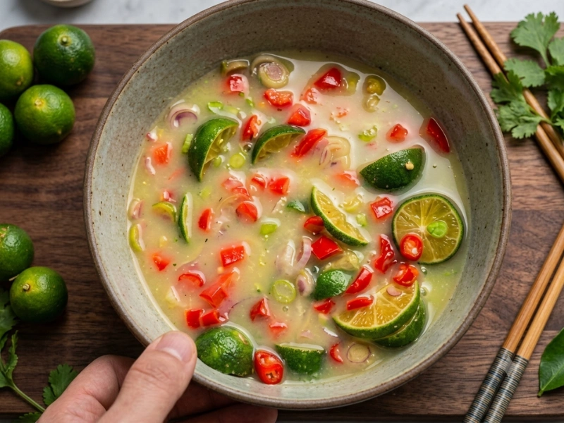 Thành phẩm là bát nước chấm hải sản hạt vỏ chanh đẹp mắt