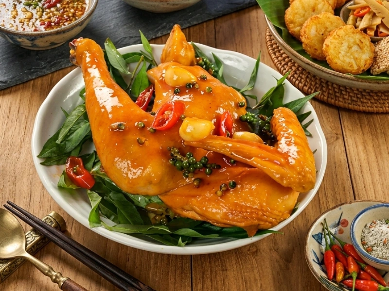 Thành phần là đĩa gà hấp mắm nhĩ màu cánh gián đẹp mắt và đậm đà